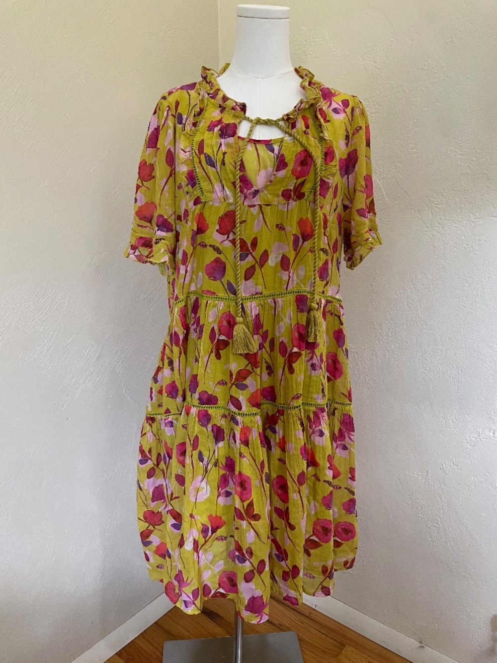 Sundance Muriel Orchard Short Sleeve Floral Tiered Dress Yellow Pink Size L